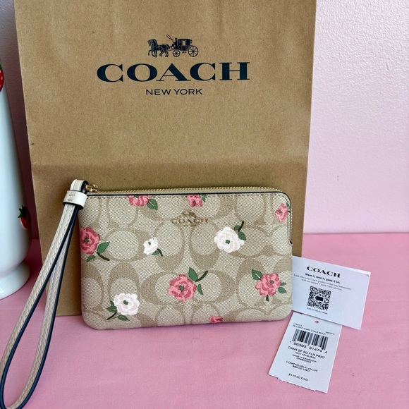Coach Khaki Floral Corner Zip Wristlet NWT - Picture 6 of 6